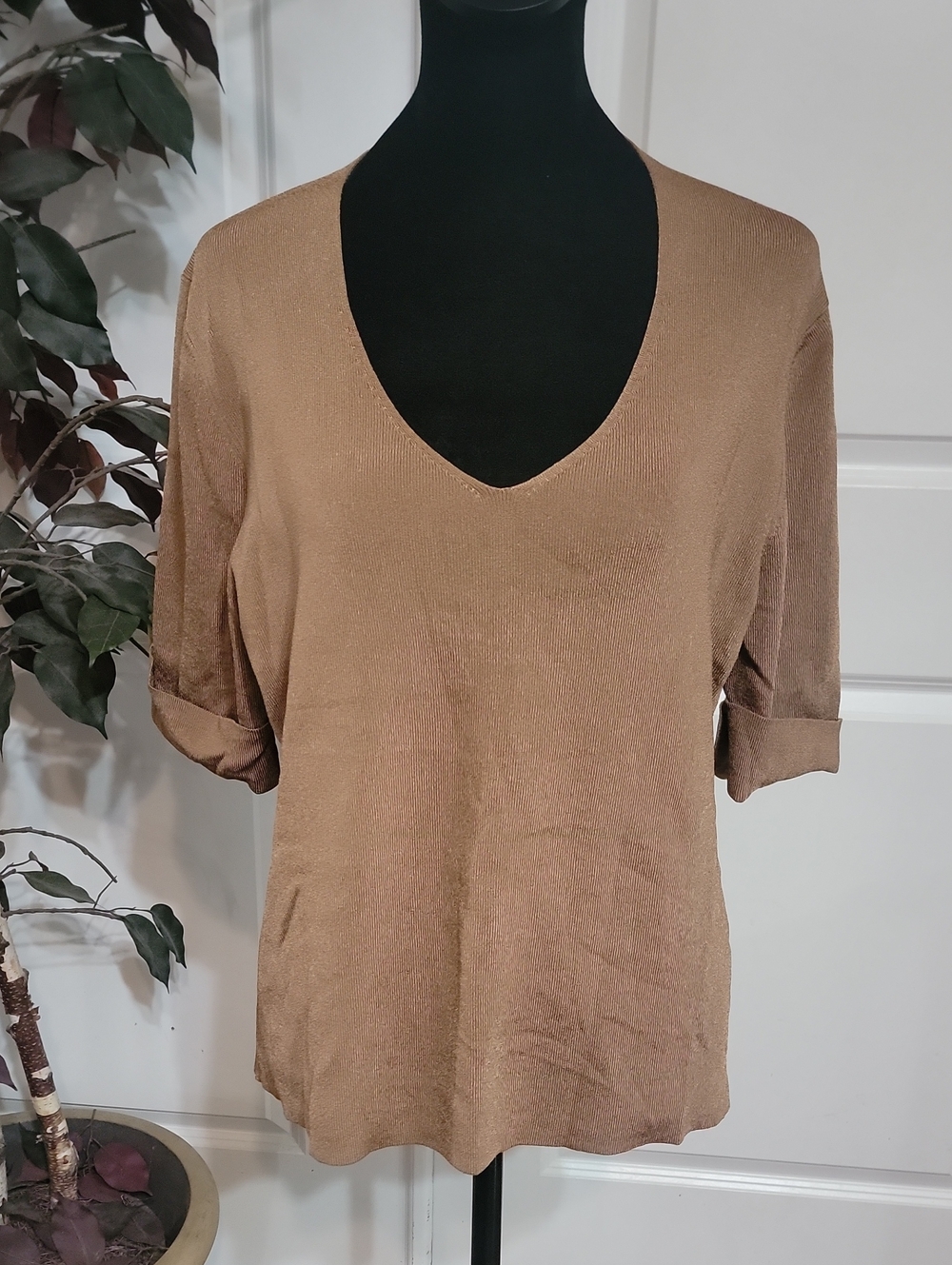 Nine & Co. Brown V-Neck Short Sleeve Sweater